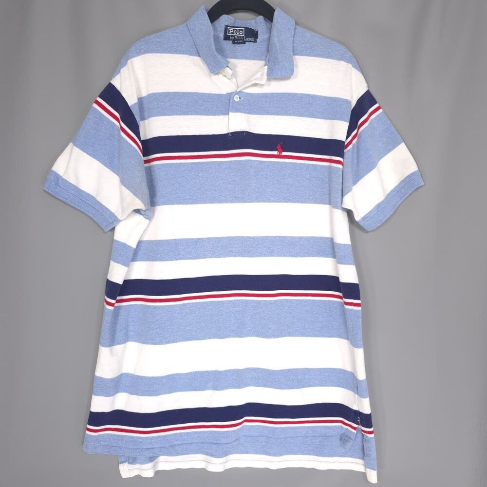 POLO RALPH LAUREN Striped Polo Shirt LARGE Blue White Red USA Made Vintage Men's